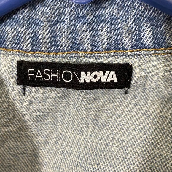 Fashion Nova Womens Jean Jacket L Ripped Distressed Boho Festival Grunge Denim - Picture 3 of 5